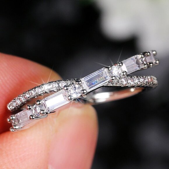▶Fashion Party Two Lines Cross CZ Anillos Trendy Silver Rings for Women, L231 - Picture 2 of 8